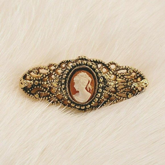 VINtage Victorian Lady Cameo Brooch Pin Gold Tone Metal Open Work 8290 - Picture 1 of 8